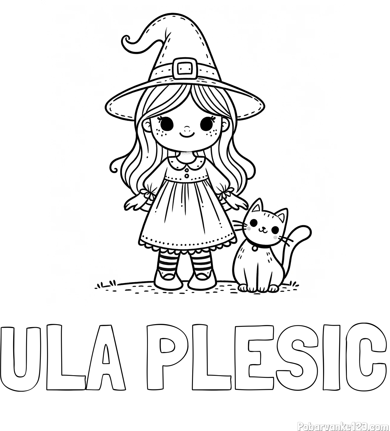 Pobarvanka imena ULA PLEŠIC in Čudovita pobarvanka ljubke čarovnice in nasmejane mačke