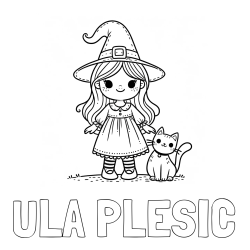 Online izdelana pobarvanka - Pobarvanka imena ULA PLEŠIC in Čudovita pobarvanka ljubke čarovnice in nasmejane mačke