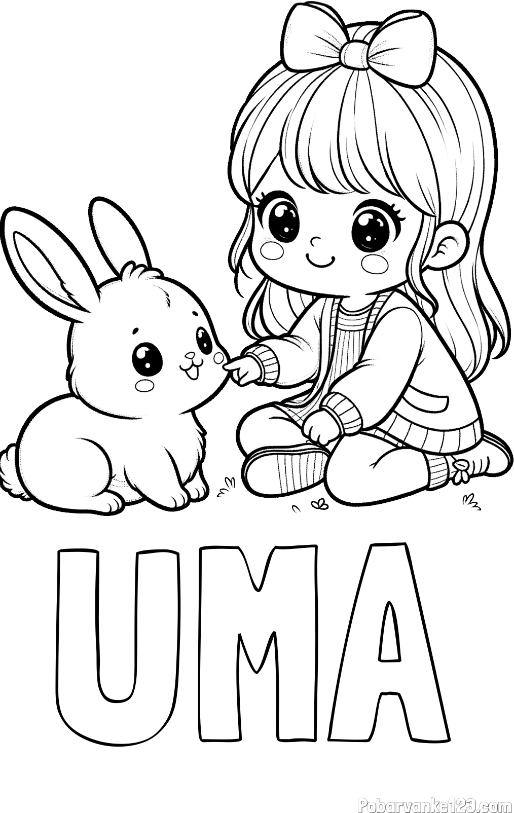 Pobarvanka imena UMA in pobarvanka ljubke punčke, ki se igra z zajčkom