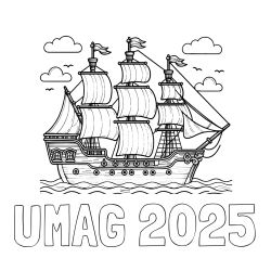 Online izdelana pobarvanka - Pobarvanka imena UMAG 2025 in pobarvanka stare gusarske ladje