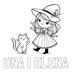 Online izdelana pobarvanka - Pobarvanka imena UNA I ELENA in pobarvanka ljubke čarovnice ter podrednega mačka