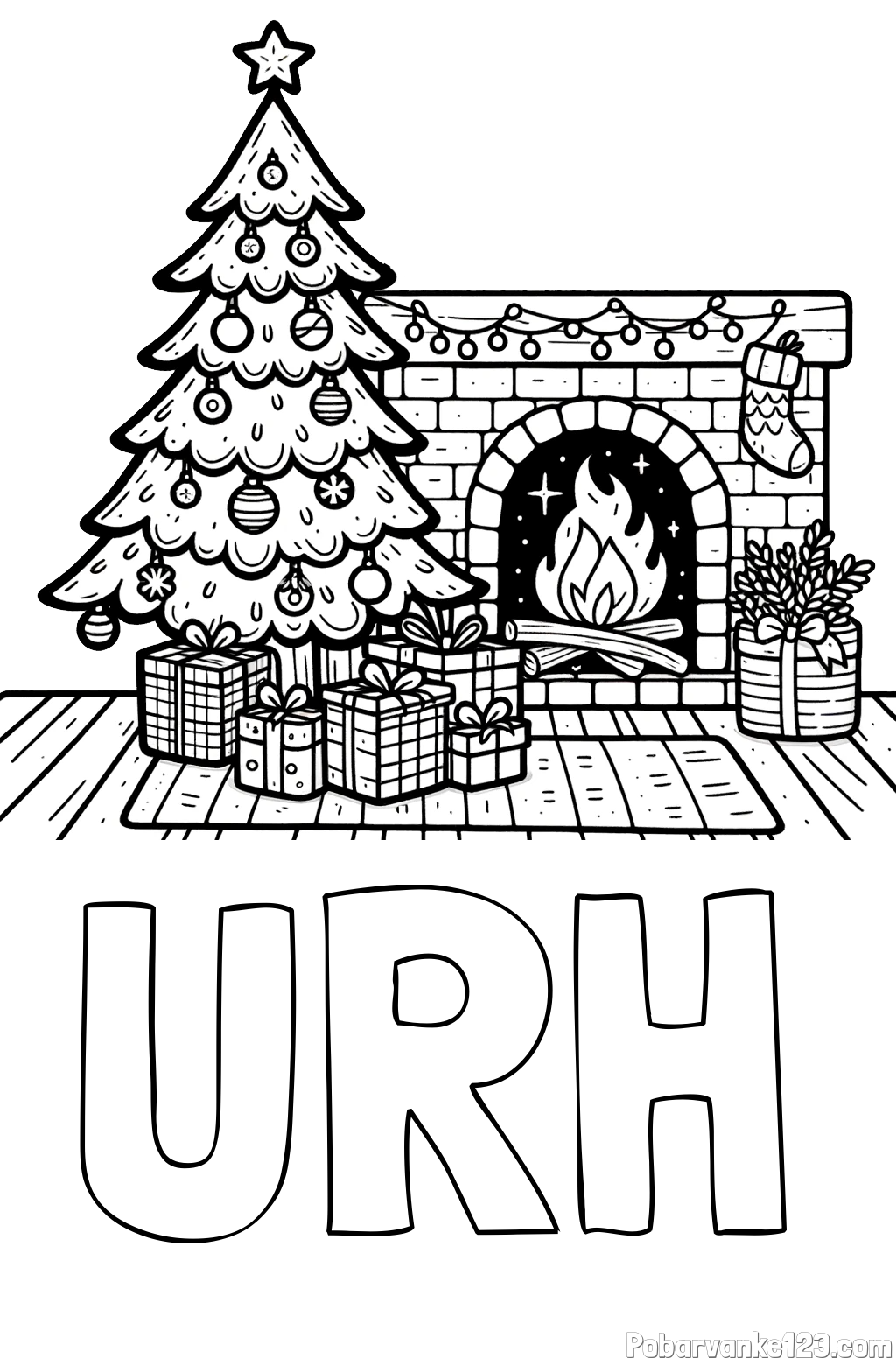 Pobarvanka imena URH in pobarvanka božične noči z božično smrečico, darili ter kaminom