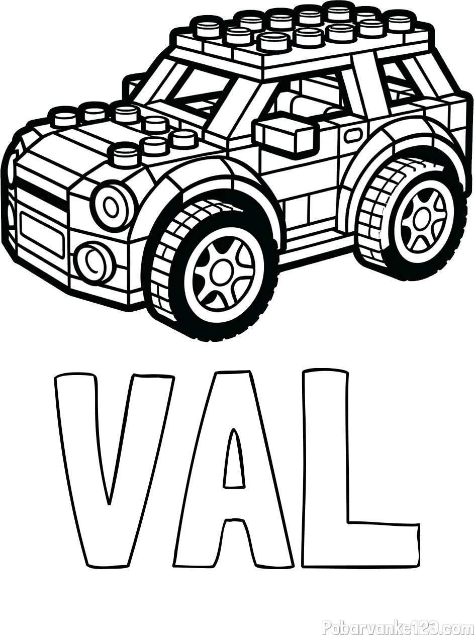 Pobarvanka imena VAL in pobarvanka avtomobila sestavljenega iz LEGO kock