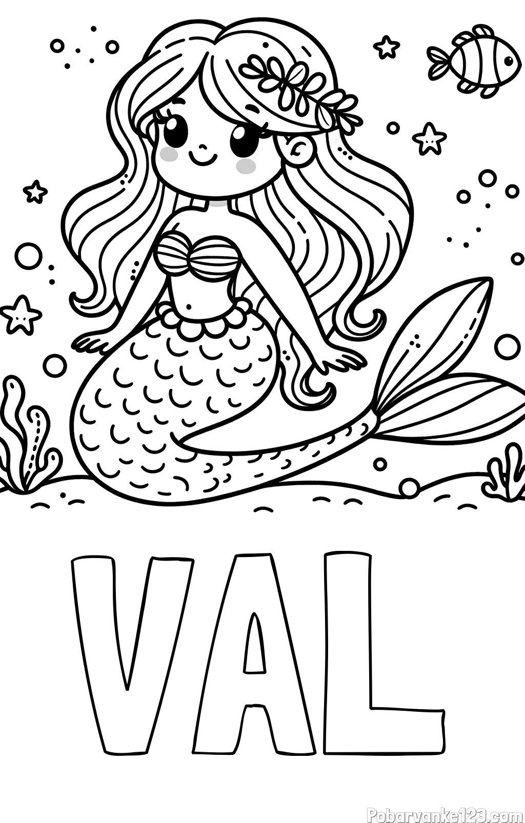 Pobarvanka imena VAL in pobarvanka ljubke morske deklice v morju