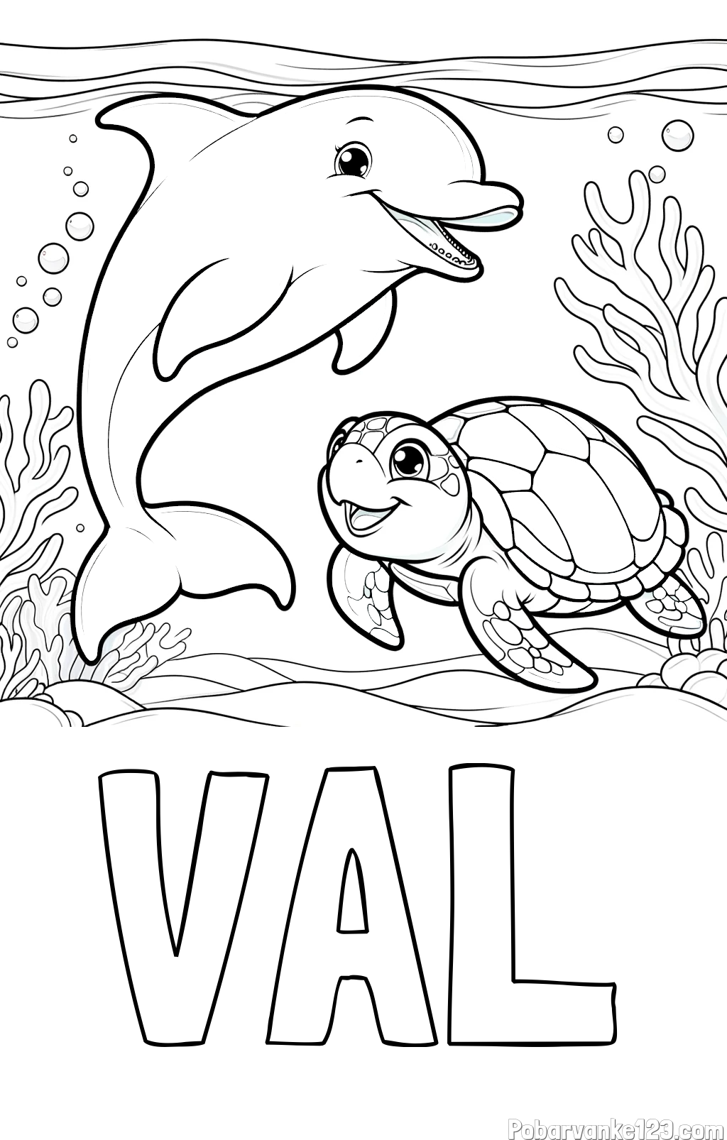 Pobarvanka imena VAL in pobarvanka ljubkega delfina z želvo v morju