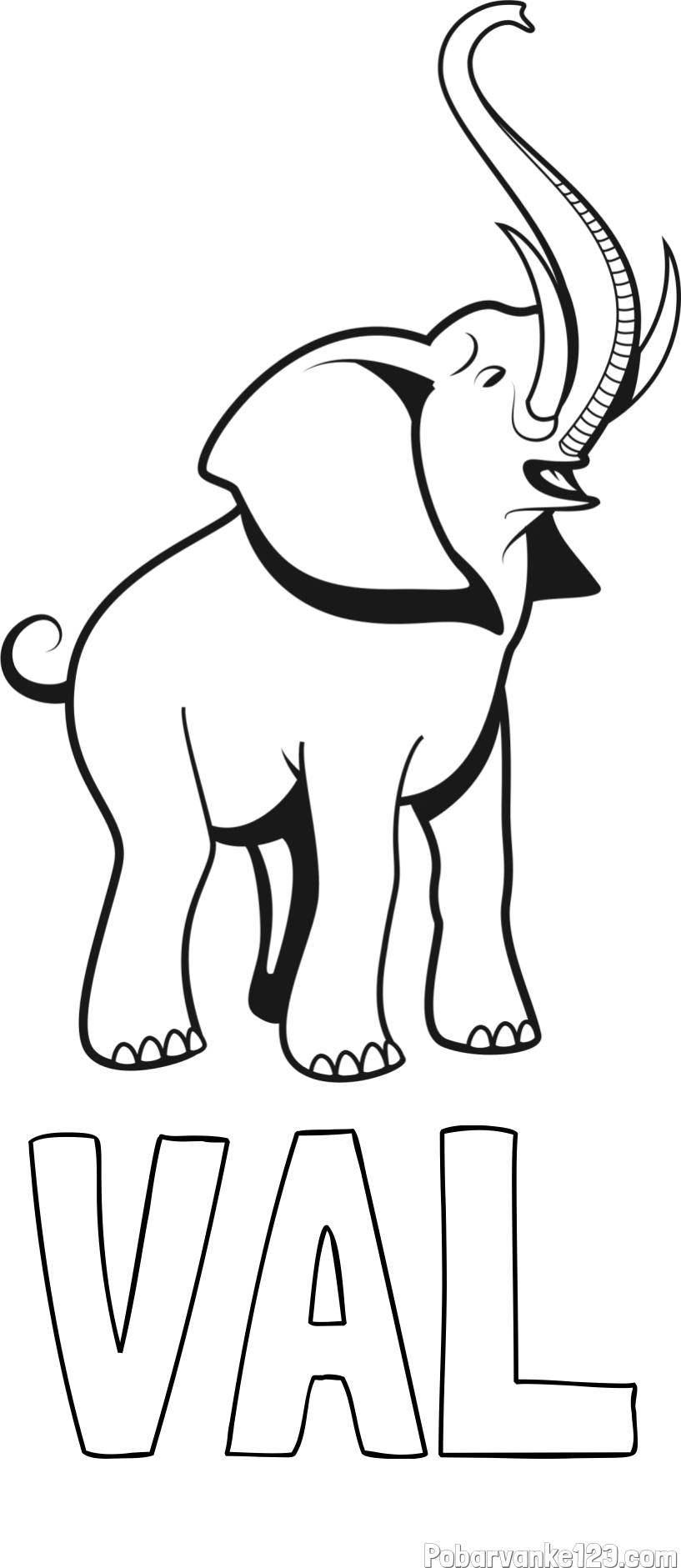 Pobarvanka imena VAL in pobarvanka slončka z rilcem dvignjenim visoko v zrak