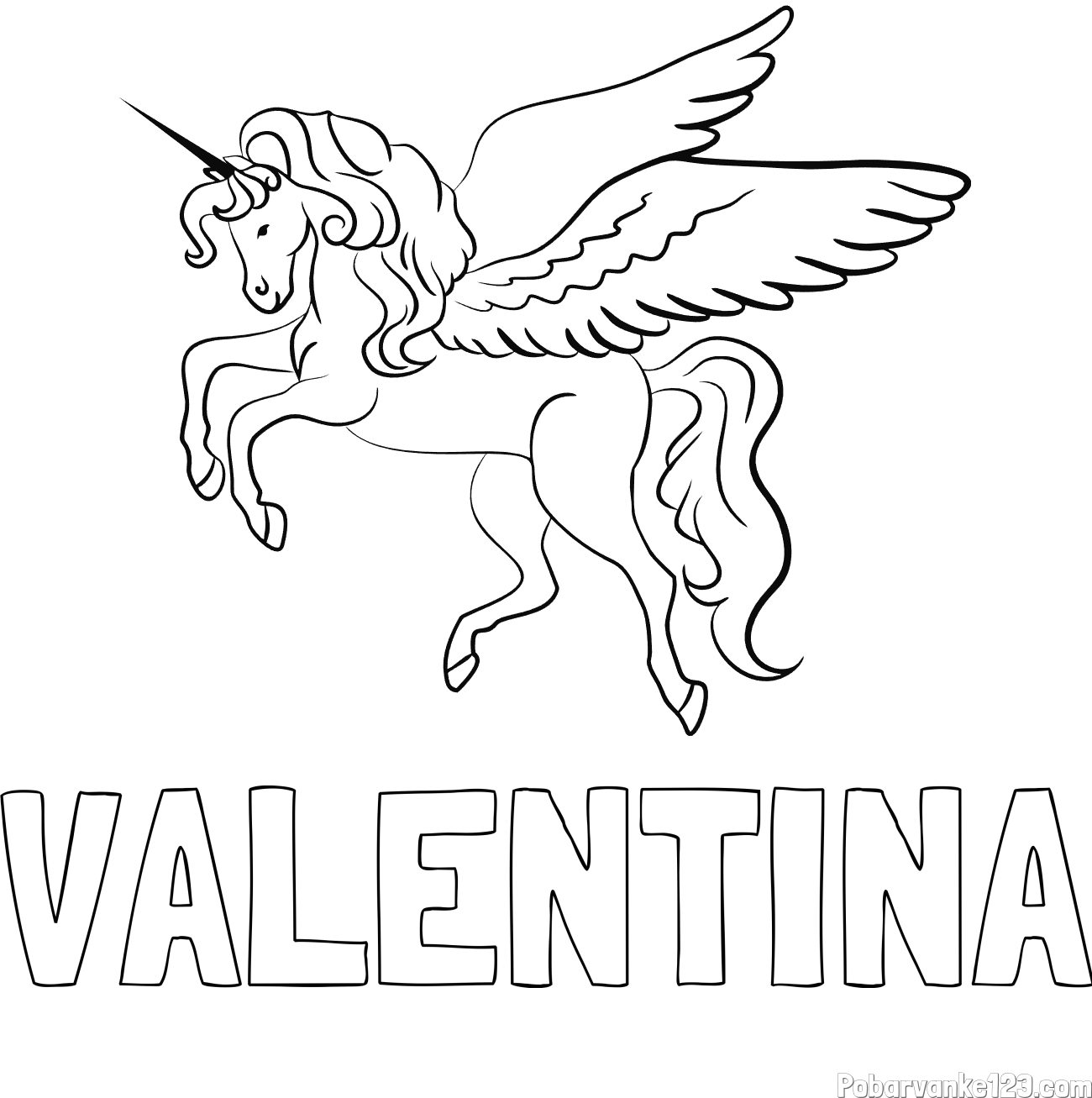 Pobarvanka imena VALENTINA in lepa pobarvanka samoroga