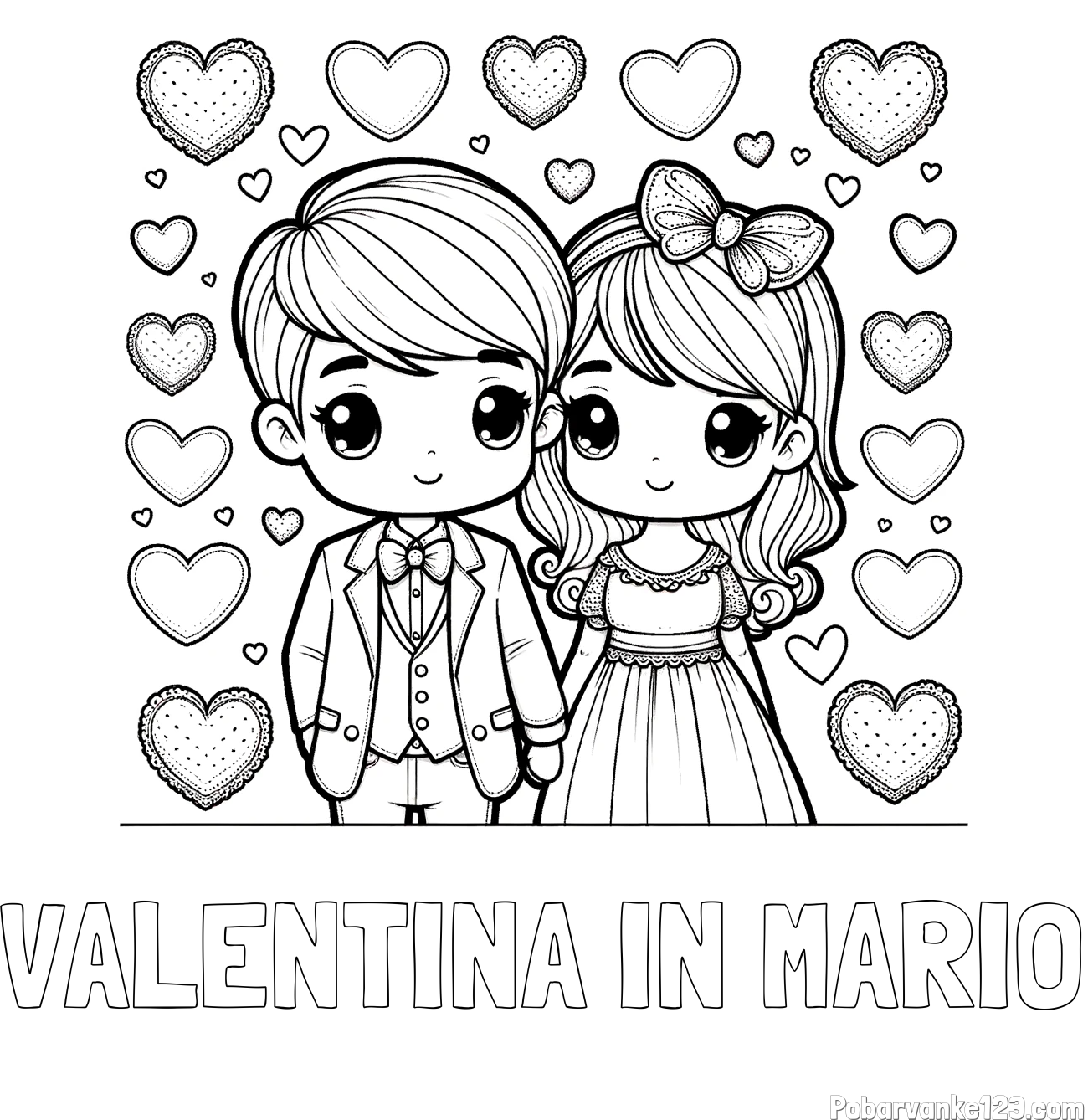 Pobarvanka imena VALENTINA IN MARIO in pobarvanka dveh zaljubljencev s srčki