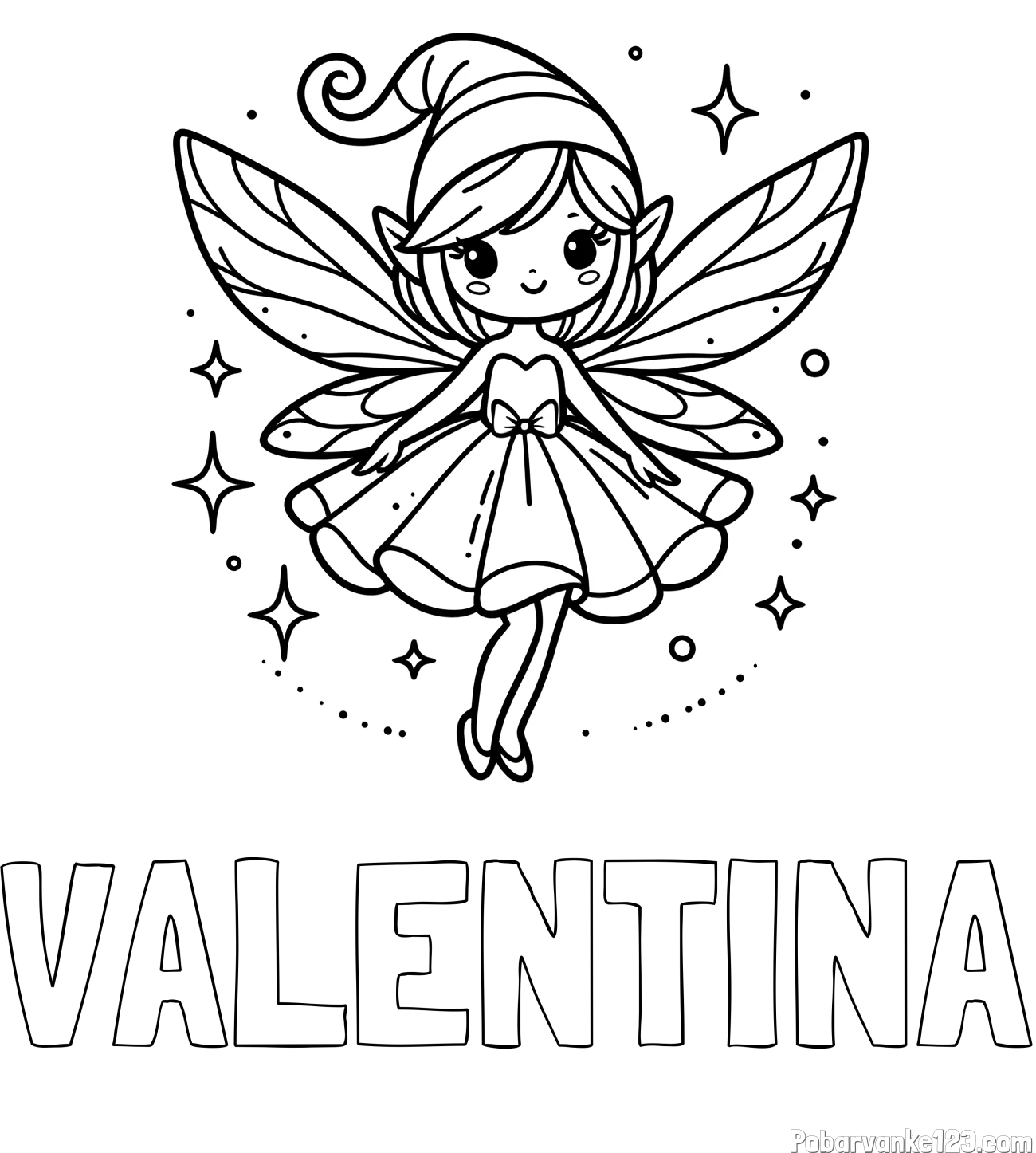 Pobarvanka imena VALENTINA in otroška pobarvanka čudovite vile