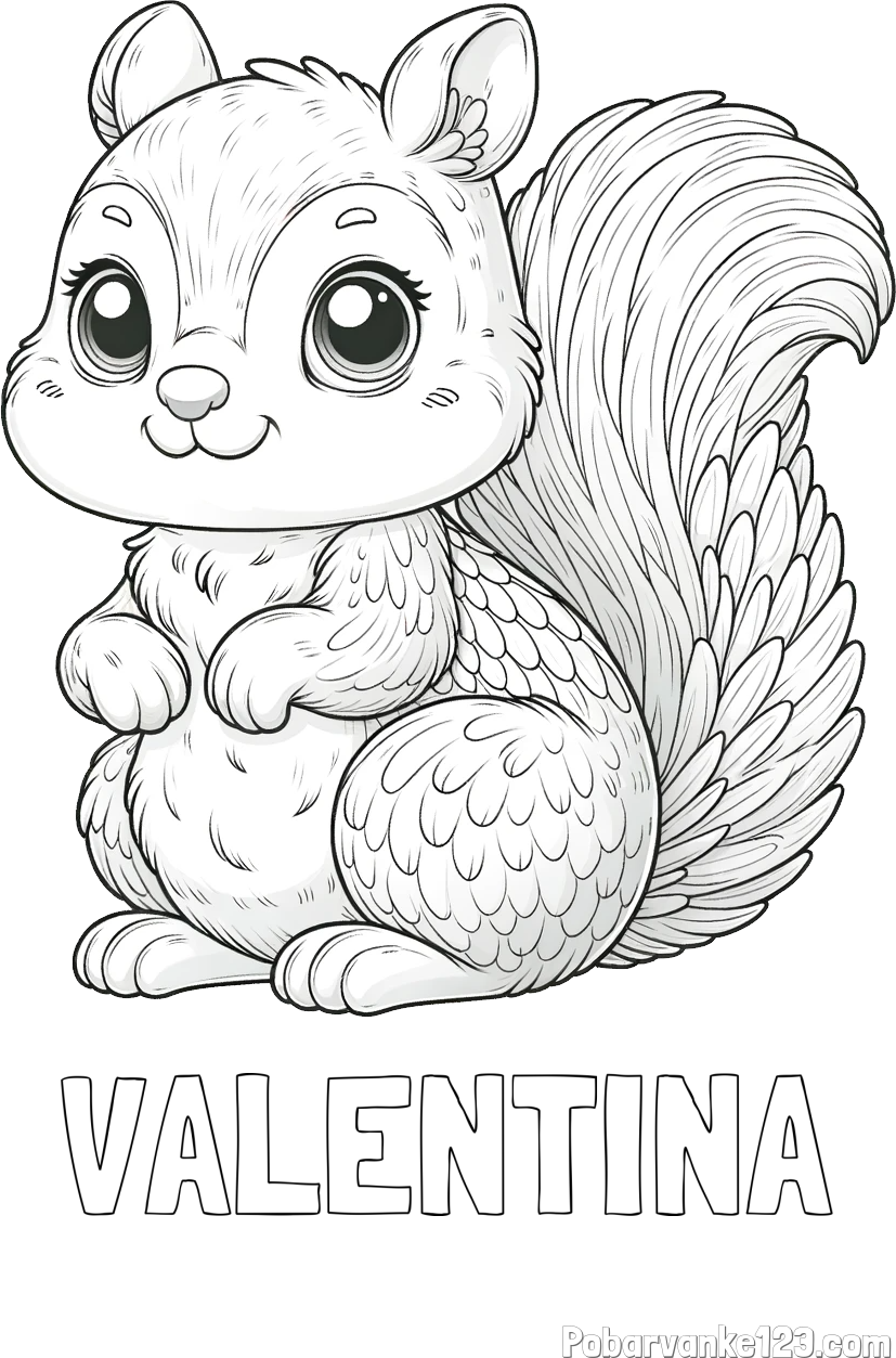Pobarvanka imena VALENTINA in pobarvanka ljubke in nasmejane veverice