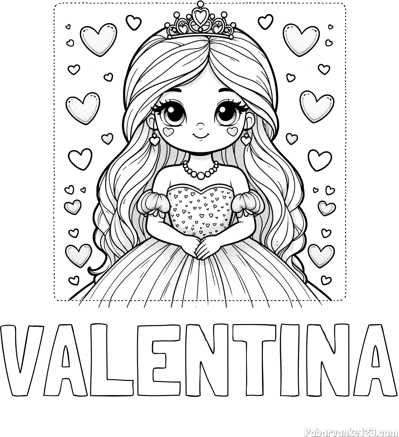 Pobarvanka imena VALENTINA in pobarvanka ljubke princese obdane s srčki