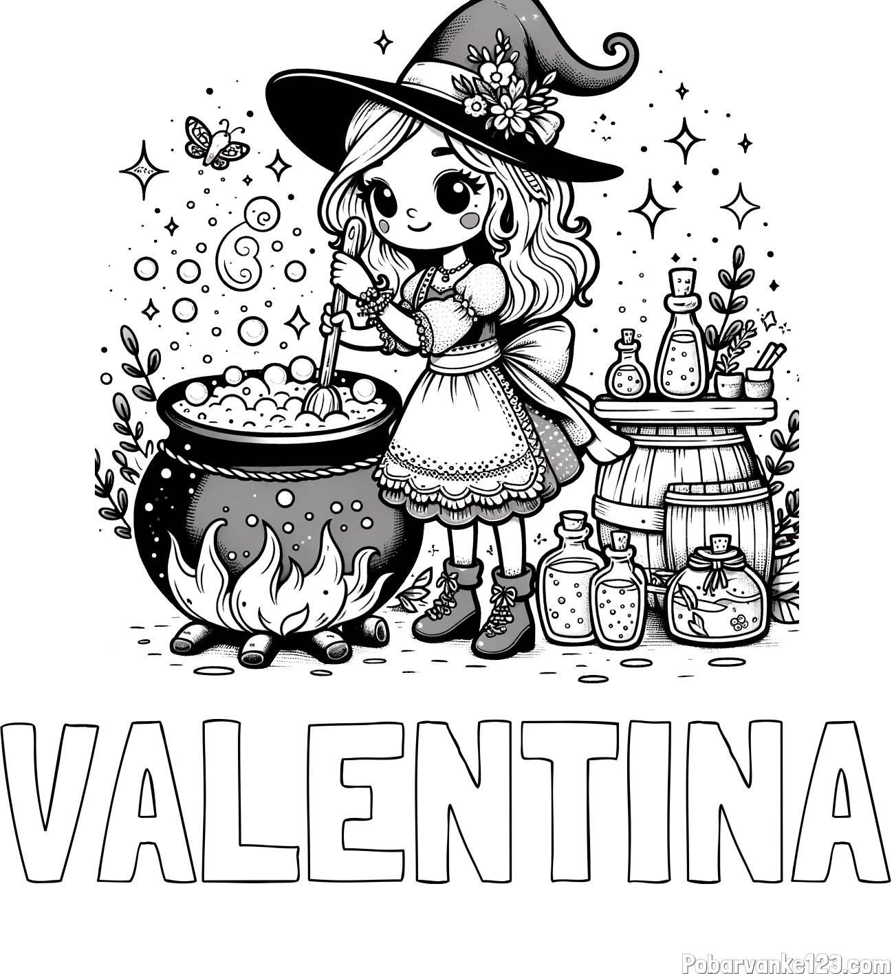 Pobarvanka imena VALENTINA in pobarvanka prikupna čarovnica, ki pripravlja čarobni napoj