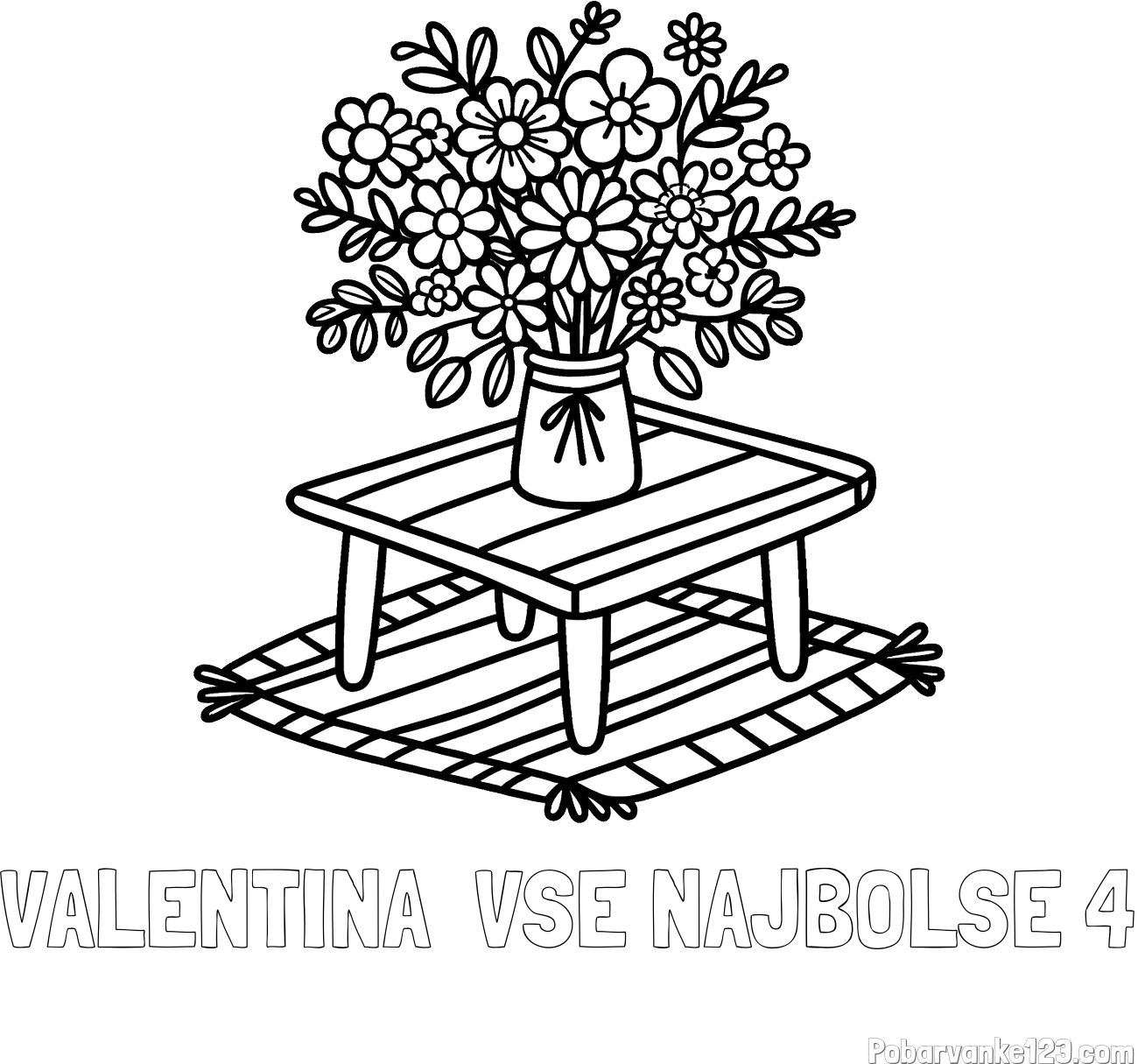 Pobarvanka imena VALENTINA  VSE NAJBOLSE 4 in pobarvanka šopka rož na mizi