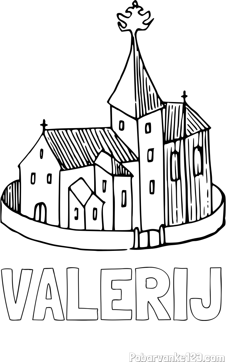 Pobarvanka imena VALERIJ in pobarvanka cerkve obdane z obzidjem
