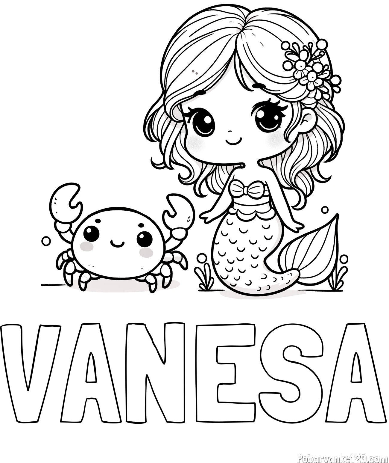 Pobarvanka imena VANESA in pobarvanka ljubke morske deklice in veselega raka
