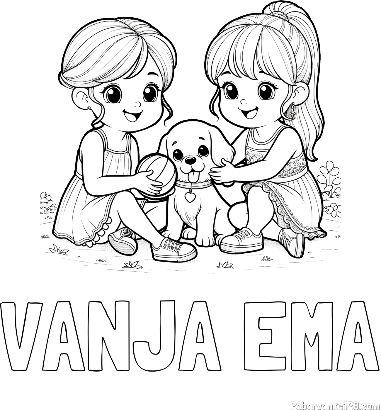 Pobarvanka imena VANJA EMA in pobarvanka prijateljic s kužkom