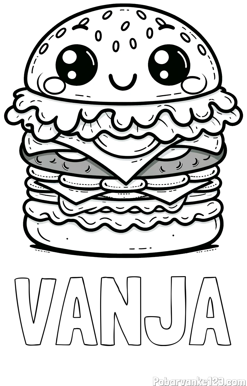 Pobarvanka imena VANJA in otroška pobarvanka nasmejanega hamburgerja
