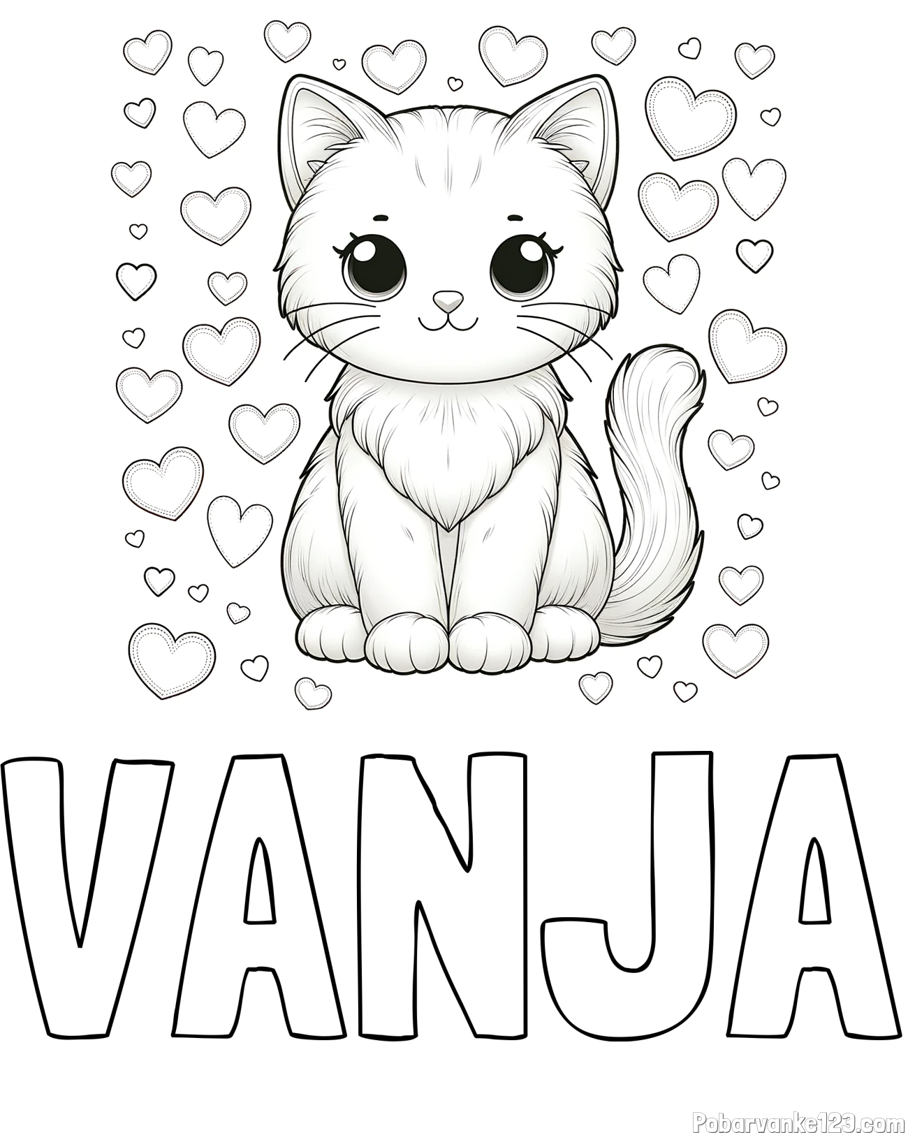 Pobarvanka imena VANJA in pobarvanka ljubke mucke obdane s srčki
