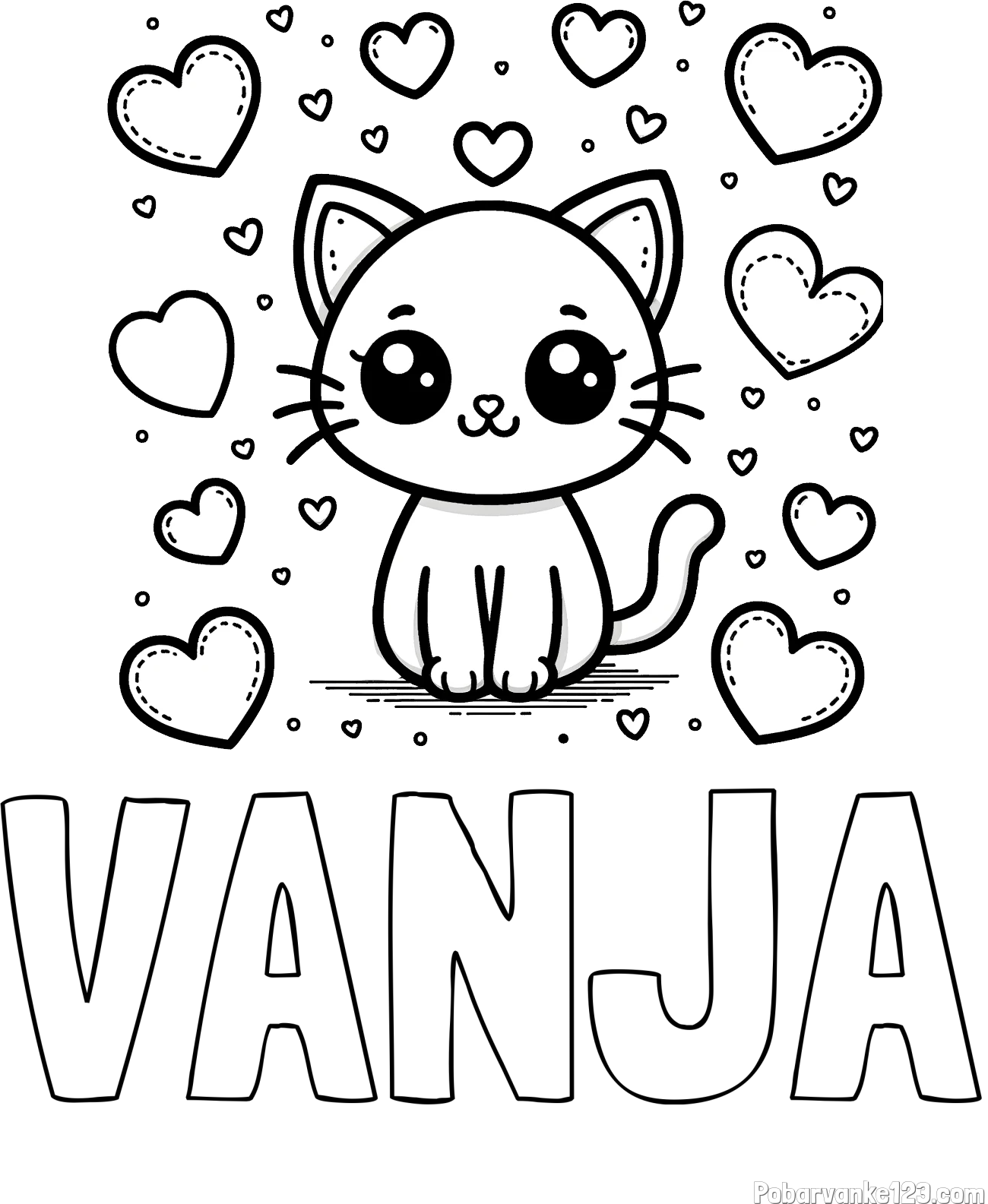 Pobarvanka imena VANJA in pobarvanka ljubke mucke obdane z veliko srčki
