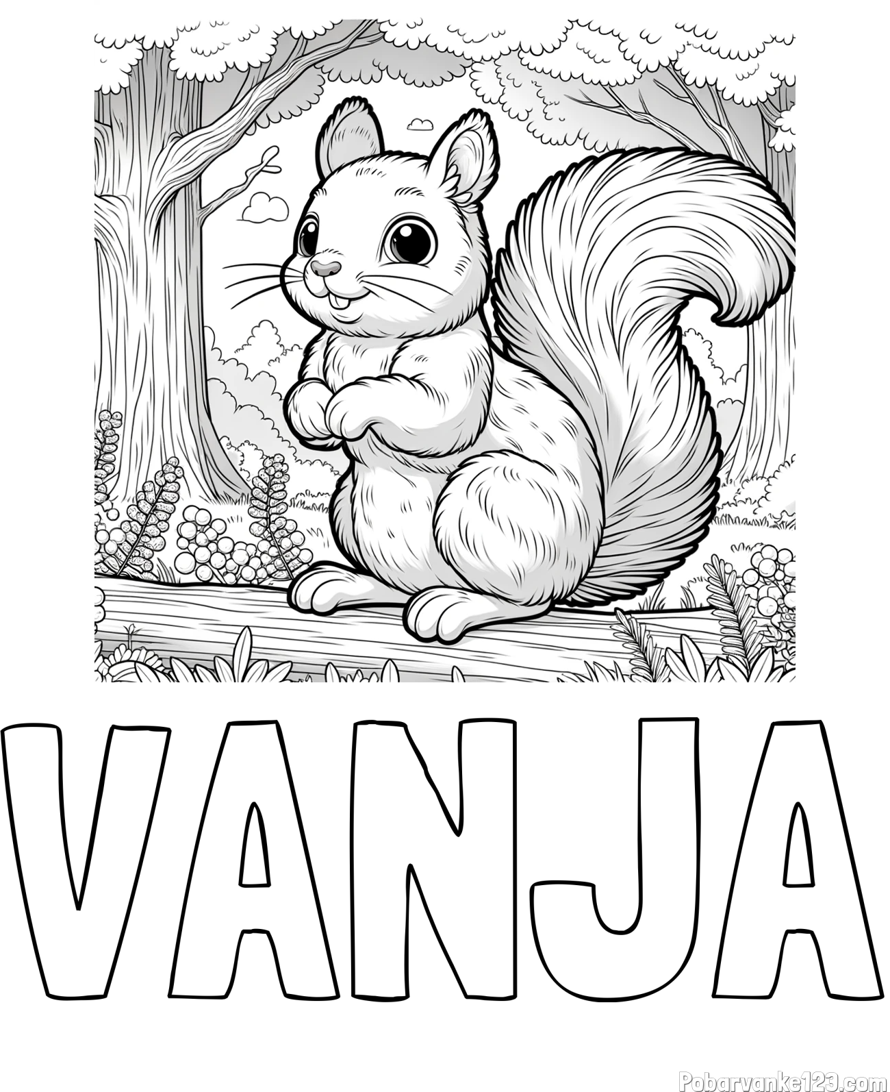 Pobarvanka imena VANJA in pobarvanka veverice v gozdu