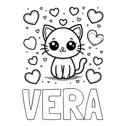 Pobarvanka imena VERA in pobarvanka ljubke mucke obdane z veliko srčki