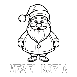 Pobarvanka imena VESEL BOŽIČ in otroška pobarvanka prikupnega Božička