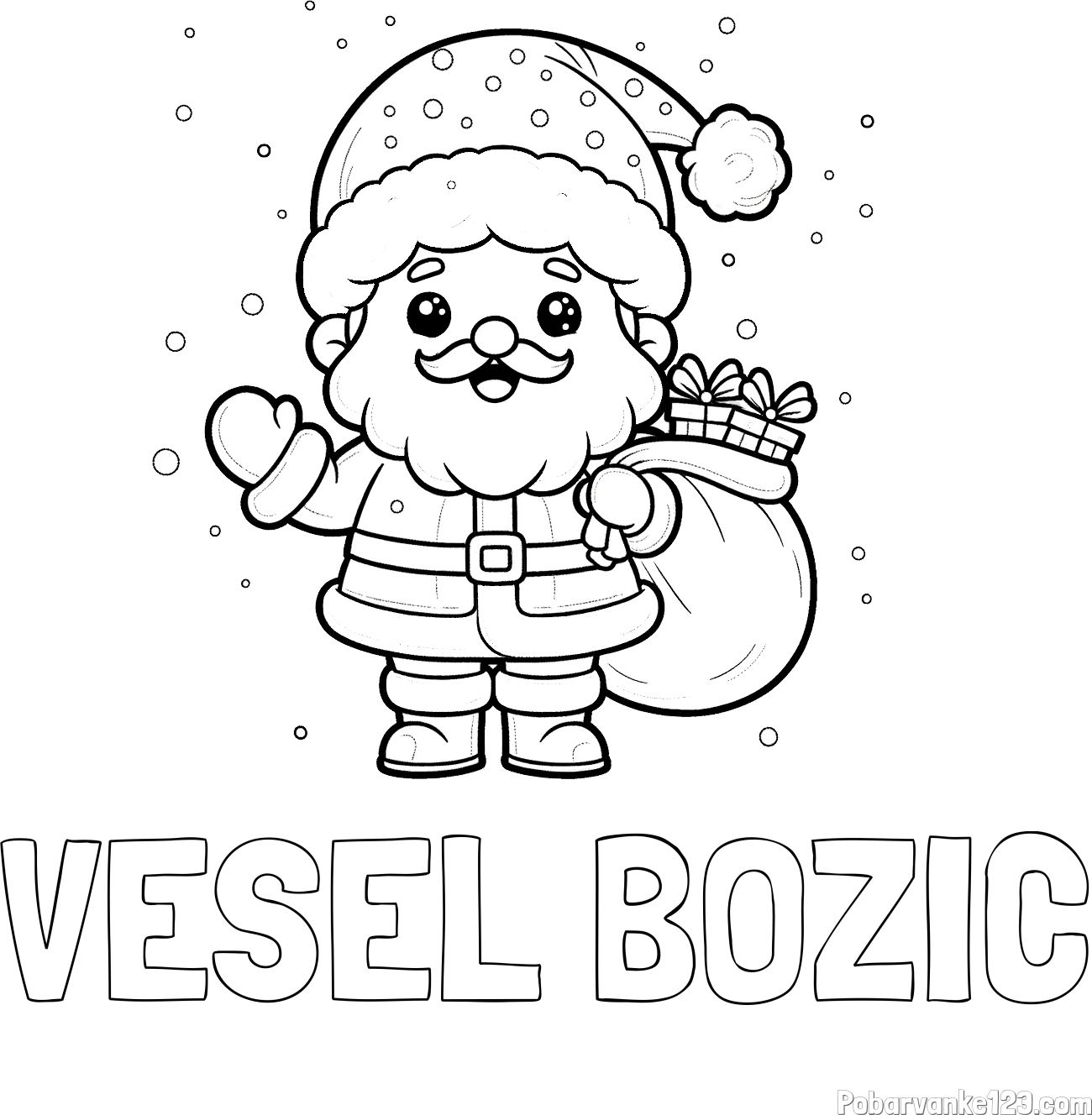 Pobarvanka imena VESEL BOŽIČ in pobarvanka Božička s polno vrečo daril