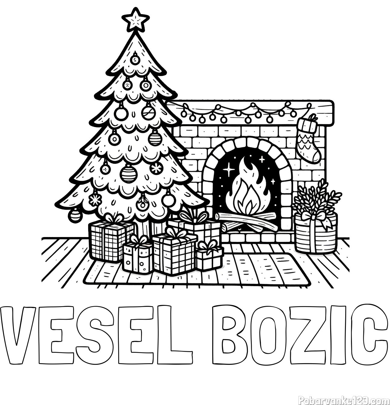 Pobarvanka imena VESEL BOŽIČ in pobarvanka božične noči z božično smrečico, darili ter kaminom
