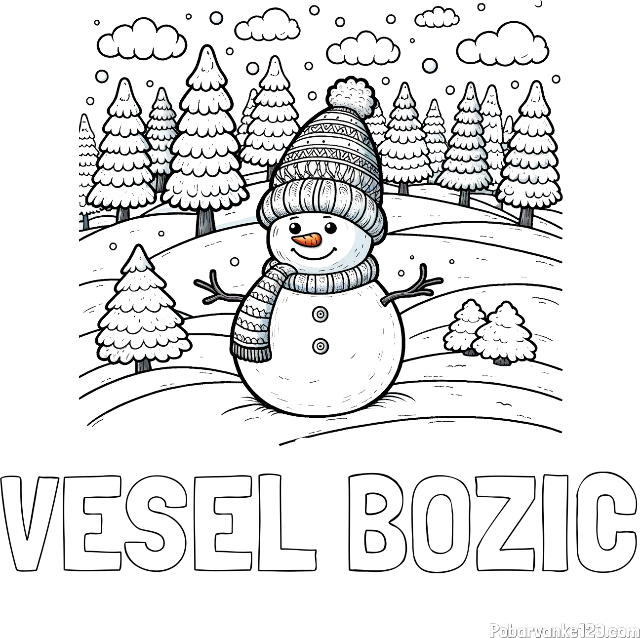 Pobarvanka imena VESEL BOŽIČ in pobarvanka snežaka v naravi obdanega z zasneženimi smrekami