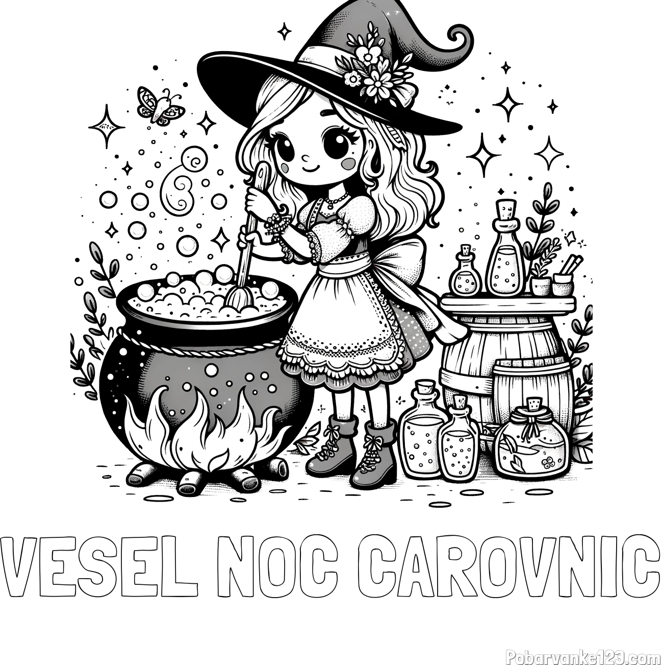 Pobarvanka imena VESEL NOČ ČAROVNIC in pobarvanka prikupna čarovnica, ki pripravlja čarobni napoj