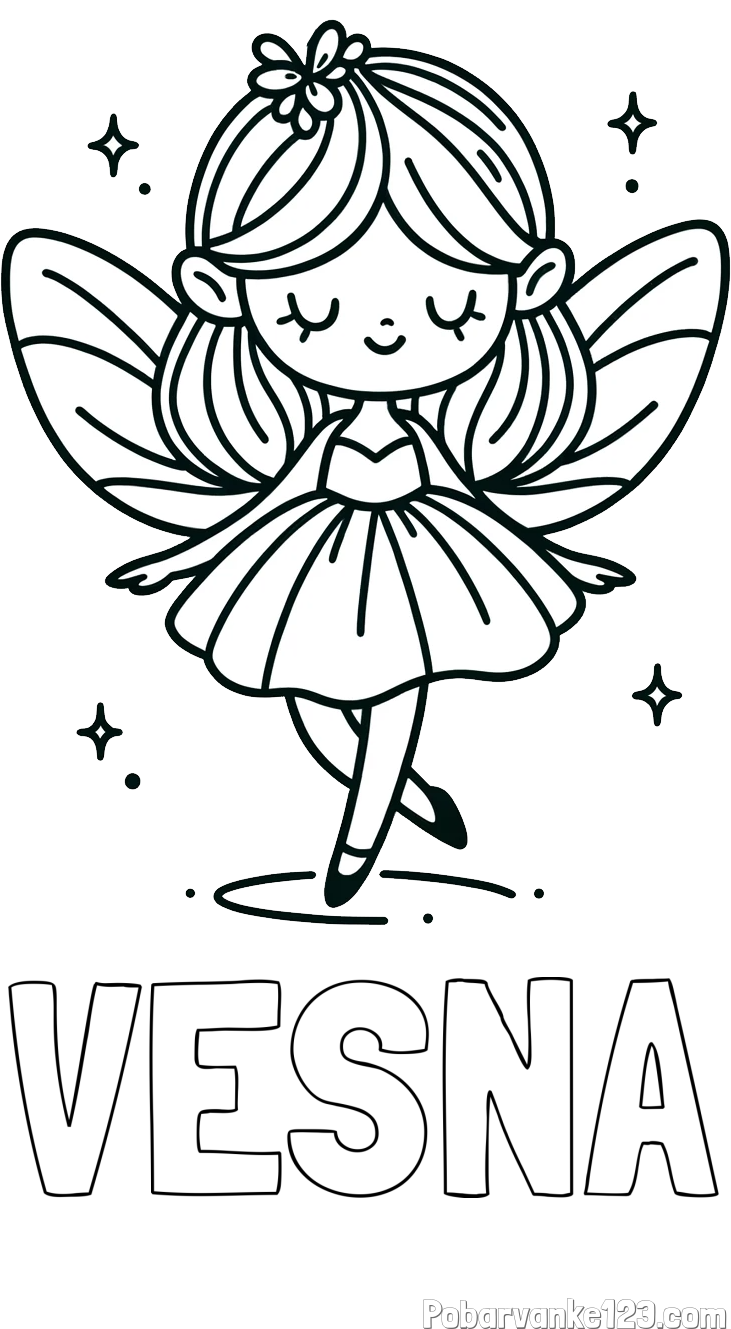 Pobarvanka imena VESNA in enostavna pobarvanka čarobne vile