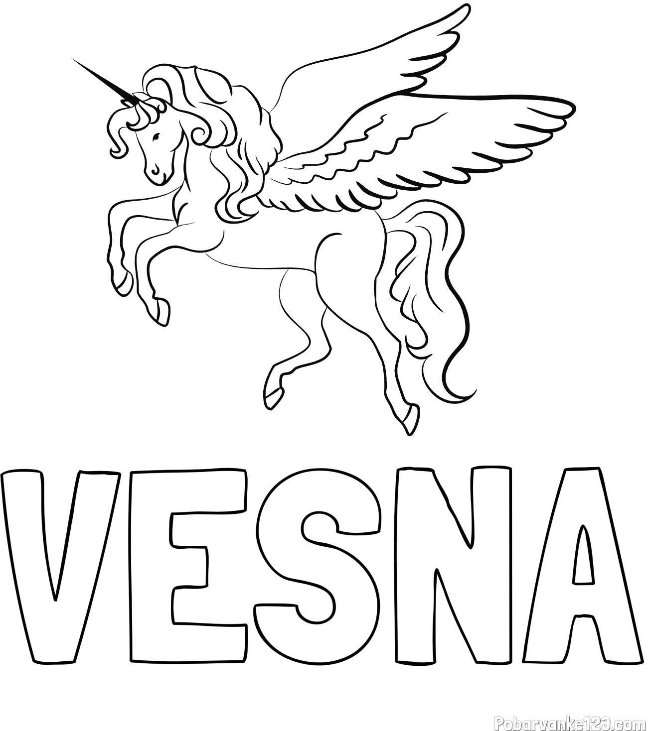 Pobarvanka imena VESNA in lepa pobarvanka samoroga