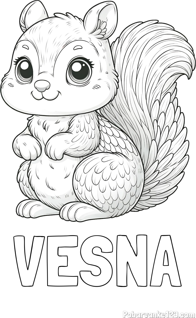 Pobarvanka imena VESNA in pobarvanka ljubke in nasmejane veverice