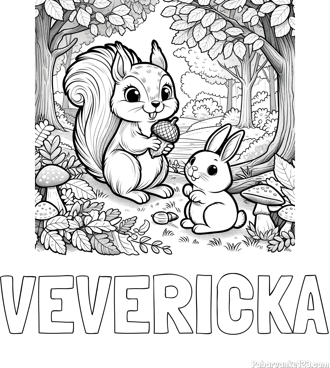 Pobarvanka imena VEVERIČKA in pobarvanka veveričke in zajčka v gozdu