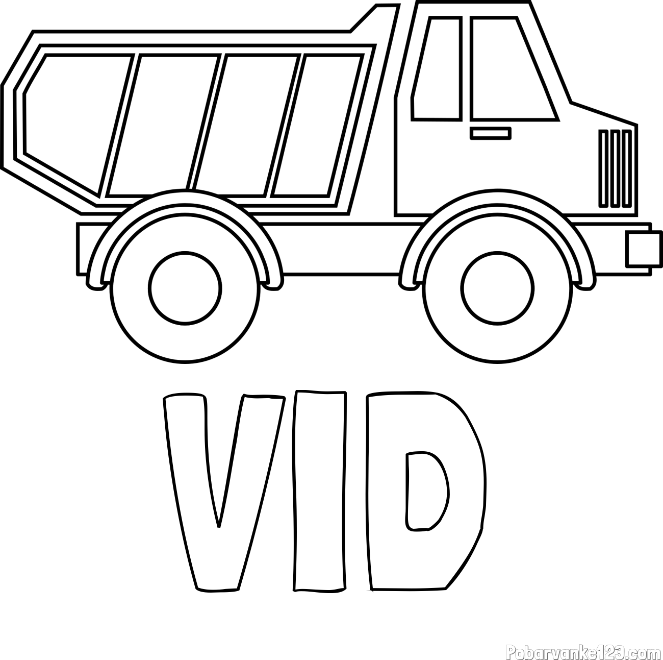 Pobarvanka imena VID in otroška pobarvanka tovornjaka za prevoz smeti in drugega tovora
