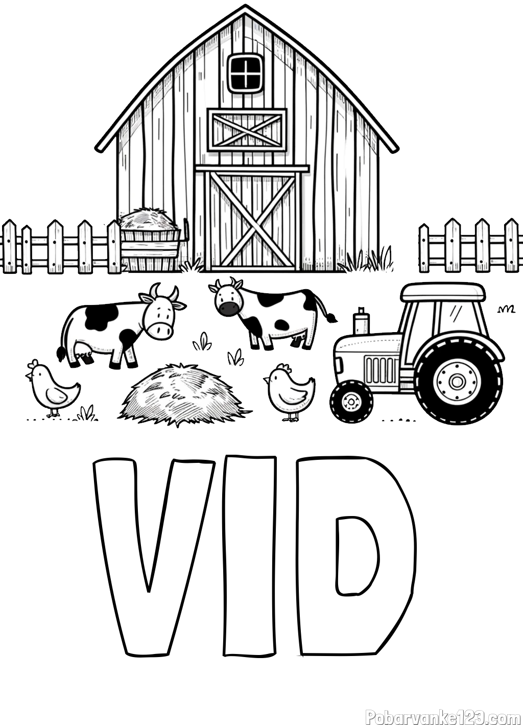 Pobarvanka imena VID in otroška pobarvanka velikega senika, krav in traktorja