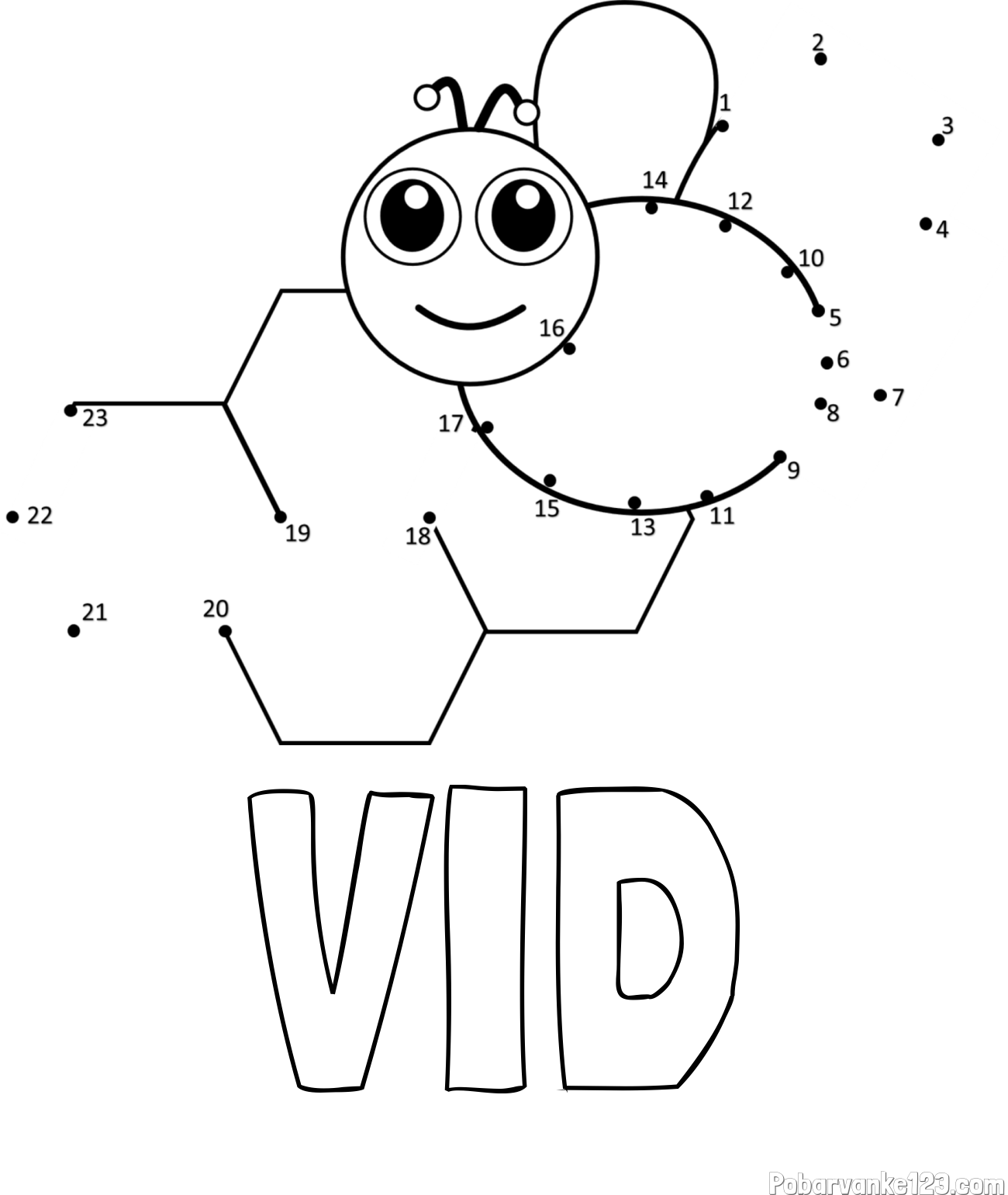 Pobarvanka imena VID in pobarvanka čebelice in satja - poveži številke