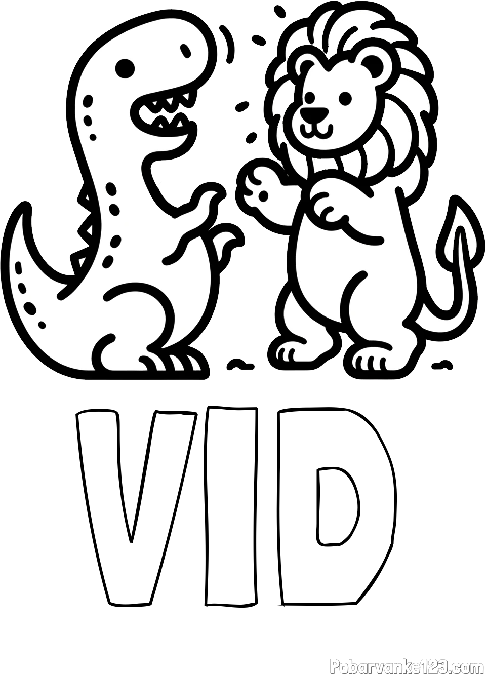 Pobarvanka imena VID in pobarvanka dinozavra, ki napada leva