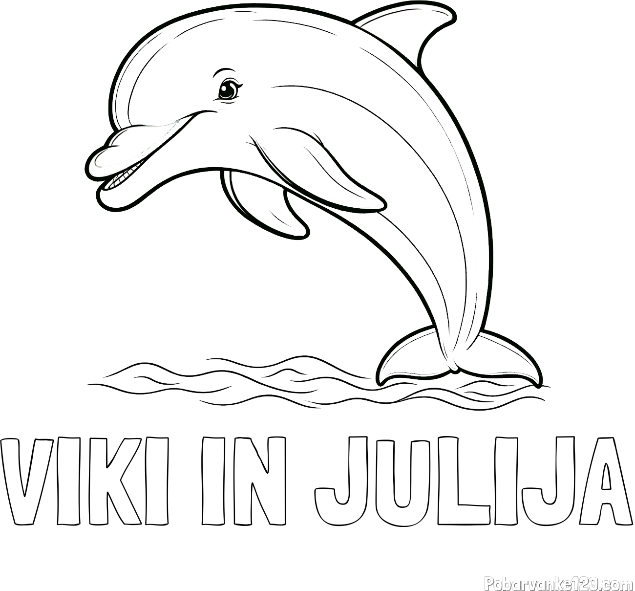 Pobarvanka imena VIKI IN JULIJA in otroška pobarvanka nasmejanega delfina v skoku