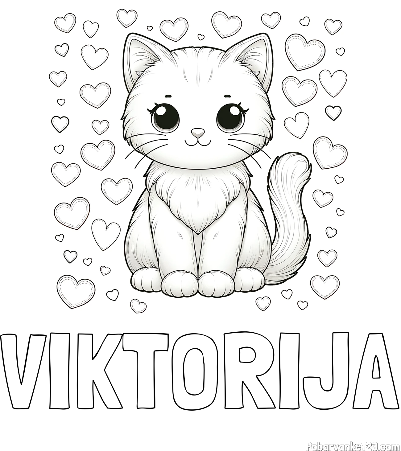 Pobarvanka imena VIKTORIJA in pobarvanka ljubke mucke obdane s srčki