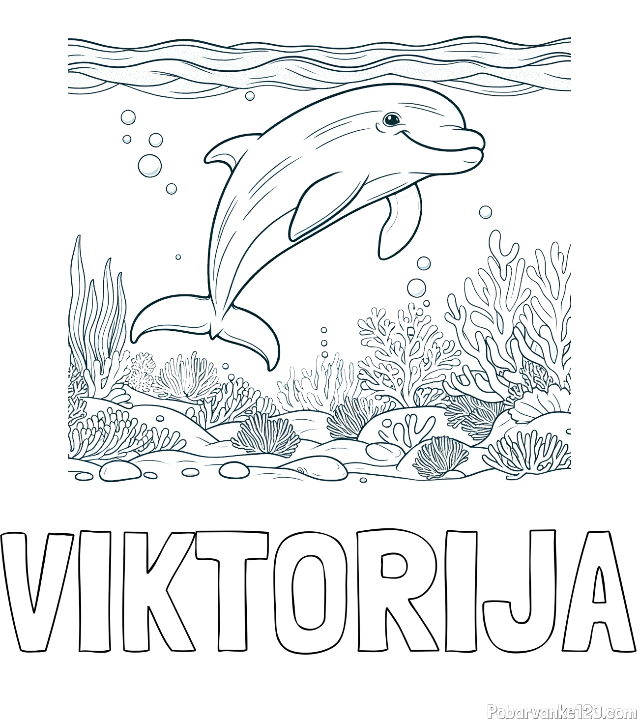 Pobarvanka imena VIKTORIJA in pobarvanka ljubkega delfina med plavanjem v morju