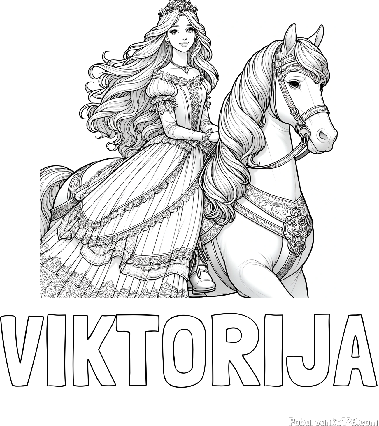 Pobarvanka imena VIKTORIJA in pobarvanka nasmejana princese na konju