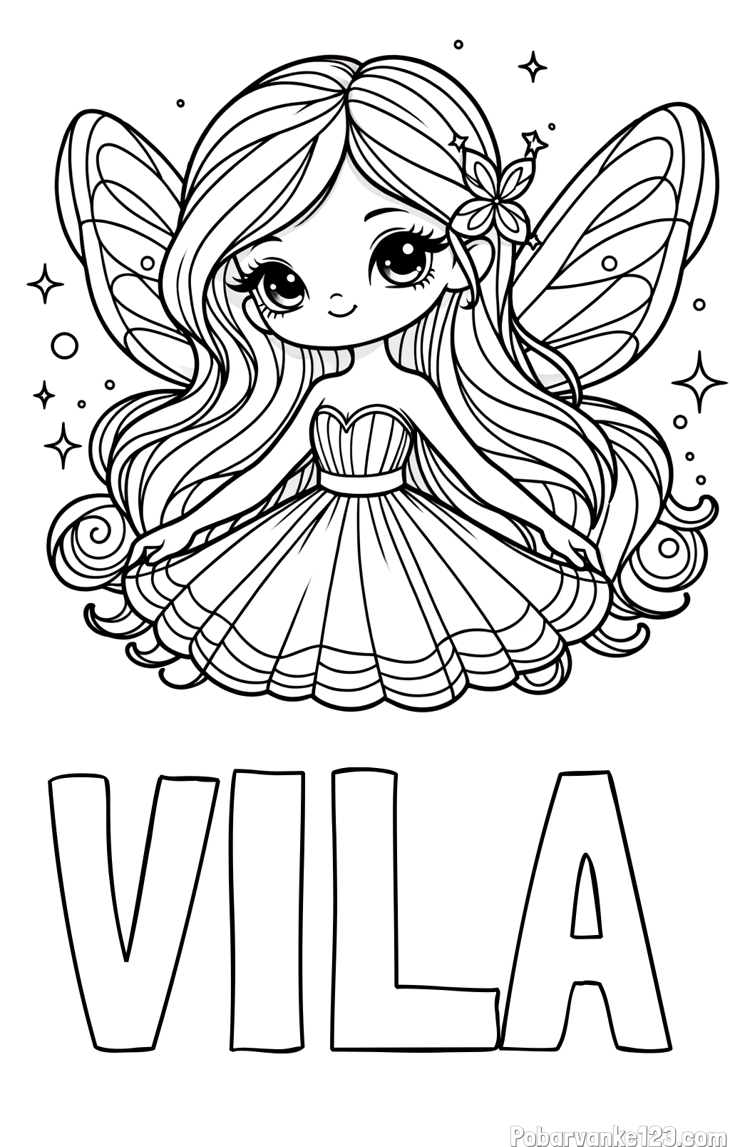 Pobarvanka imena VILA in pobarvanka ljubke in nasmejane čarobne vile