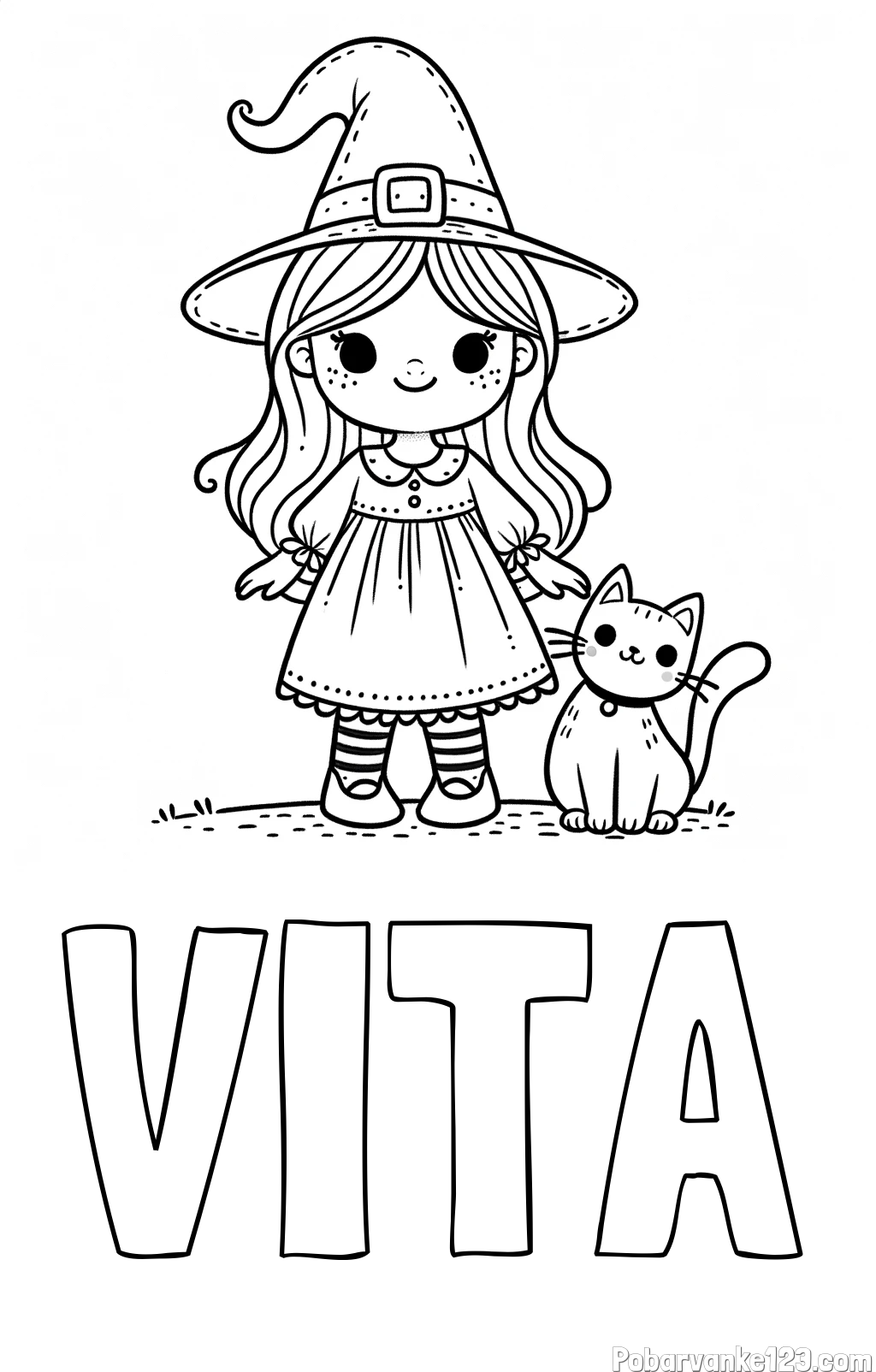 Pobarvanka imena VITA in Čudovita pobarvanka ljubke čarovnice in nasmejane mačke