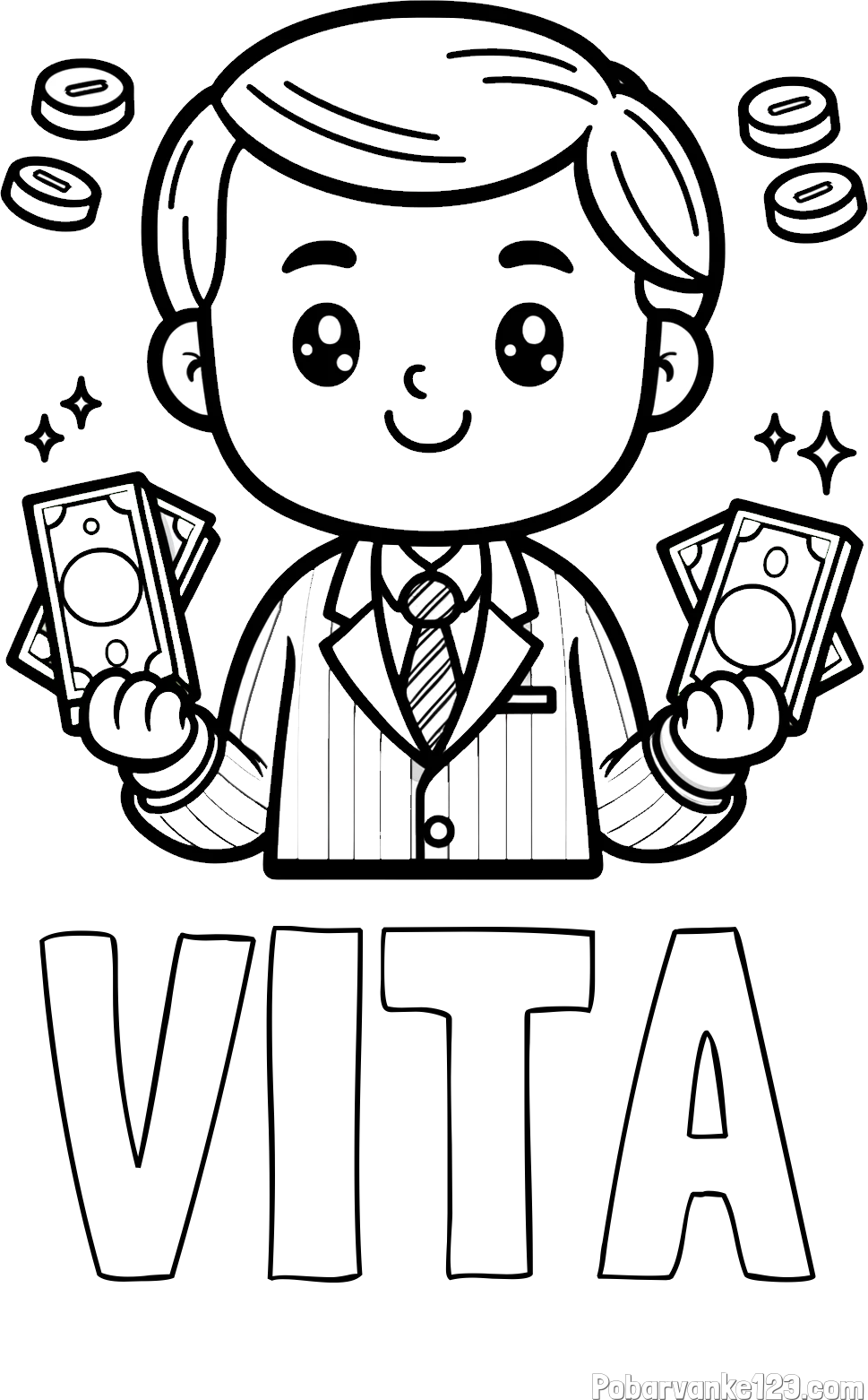 Pobarvanka imena VITA in otroška pobarvanka bankirja z veliko denarja