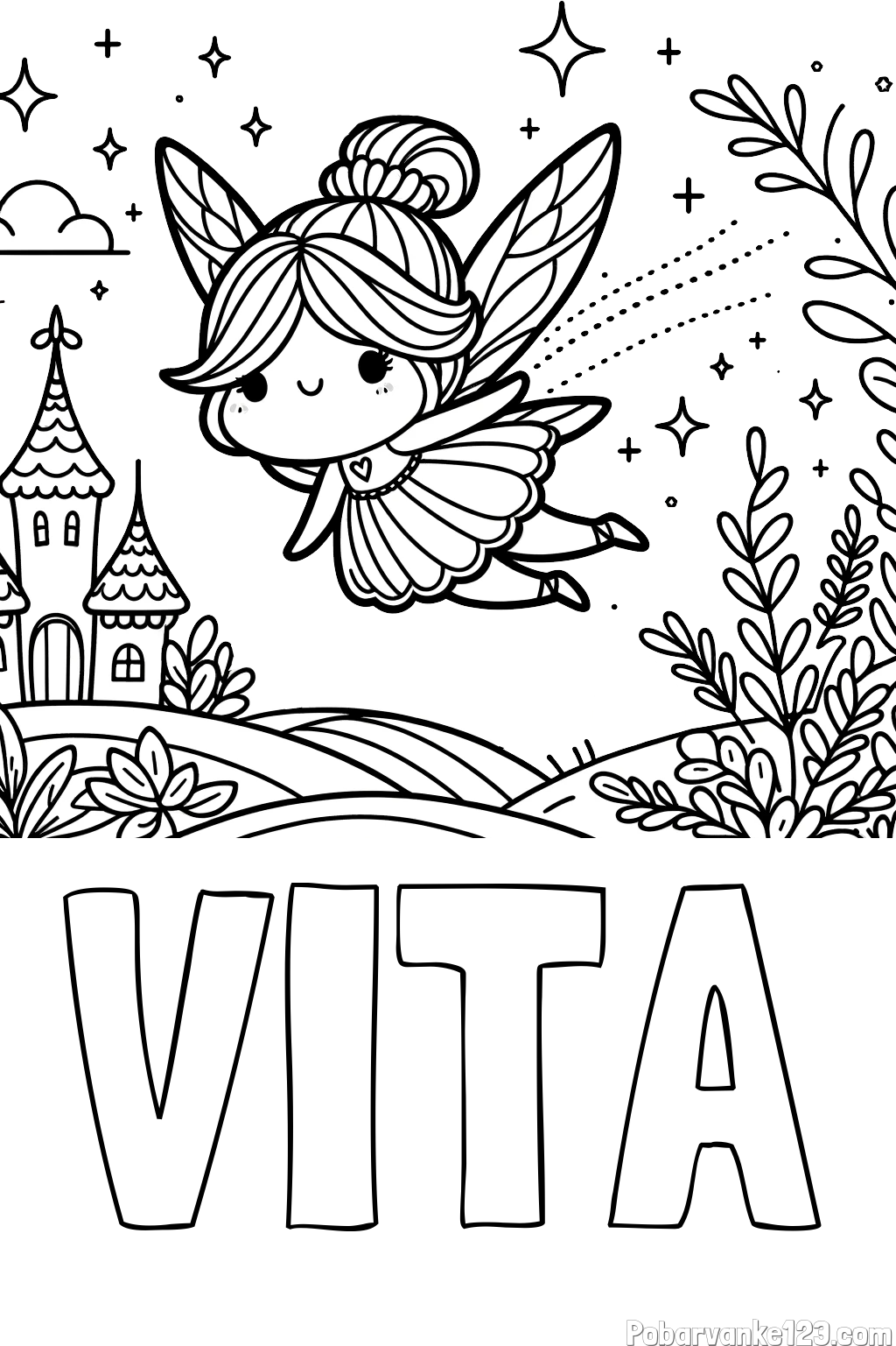 Pobarvanka imena VITA in pobarvanka čarobne vile, ki leti nad pravljično pokrajino