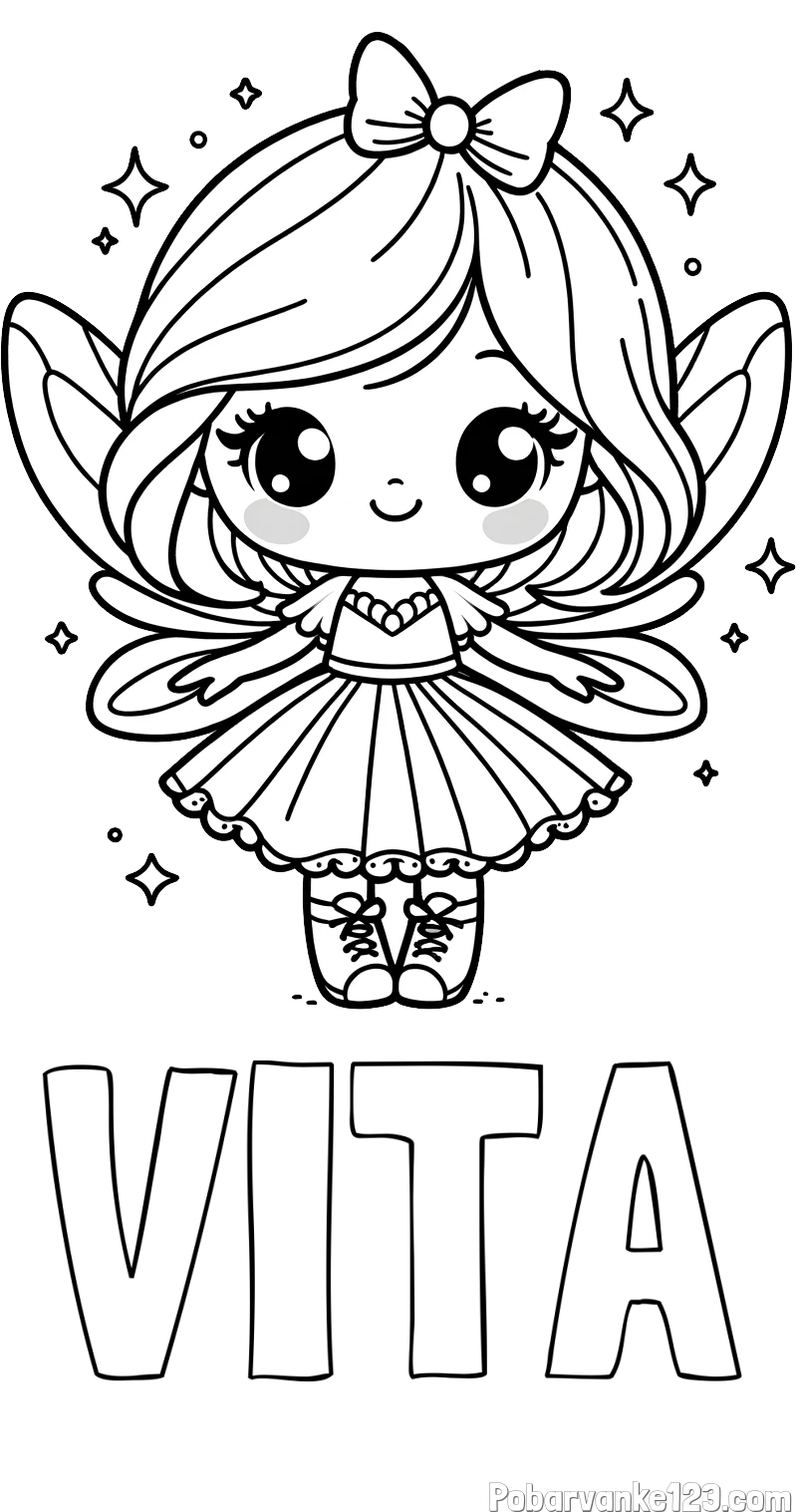 Pobarvanka imena VITA in pobarvanka čarobne vile z ljubkim obrazom