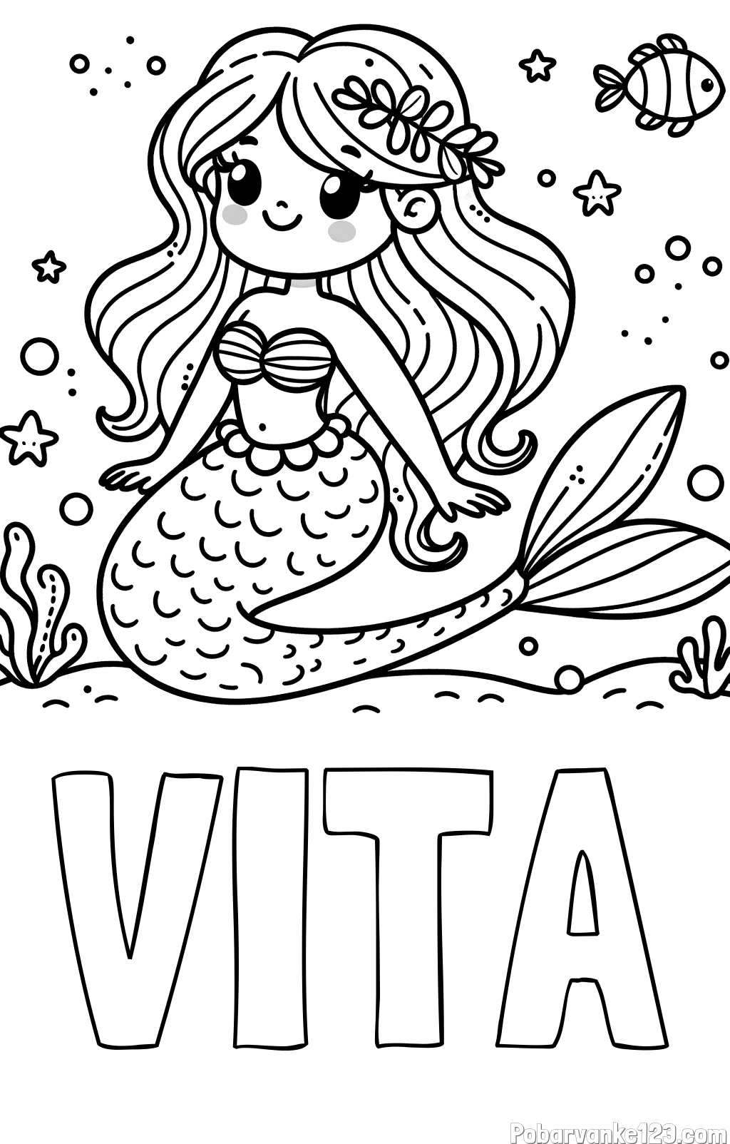 Pobarvanka imena VITA in pobarvanka ljubke morske deklice v morju
