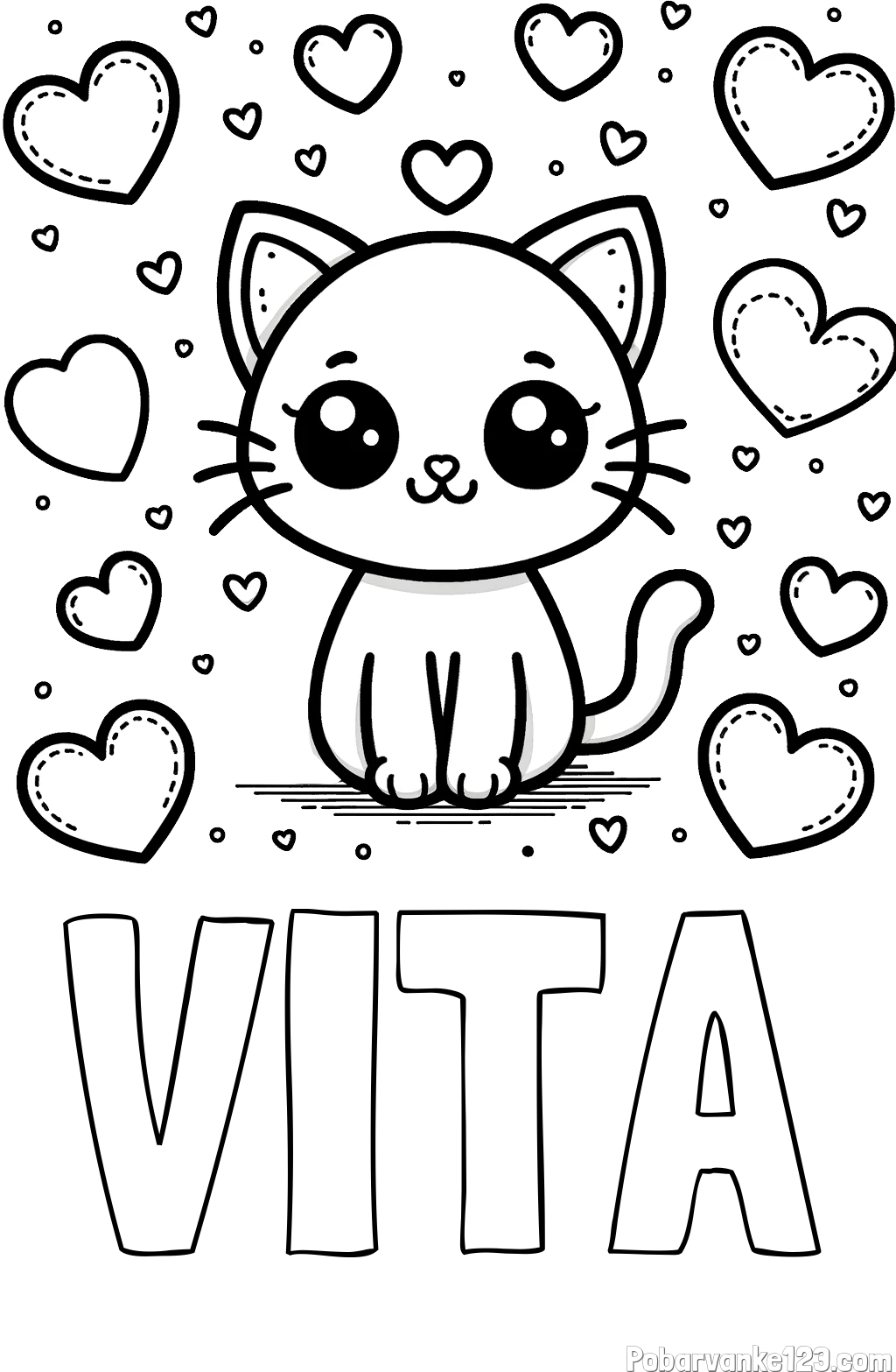 Pobarvanka imena VITA in pobarvanka ljubke mucke obdane z veliko srčki