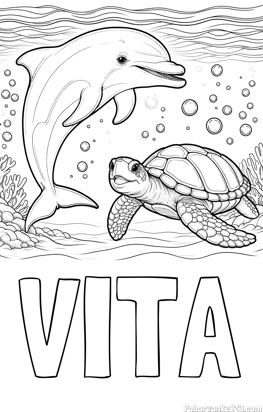 Pobarvanka imena VITA in pobarvanka ljubkega delfina in njegove prijateljice želve